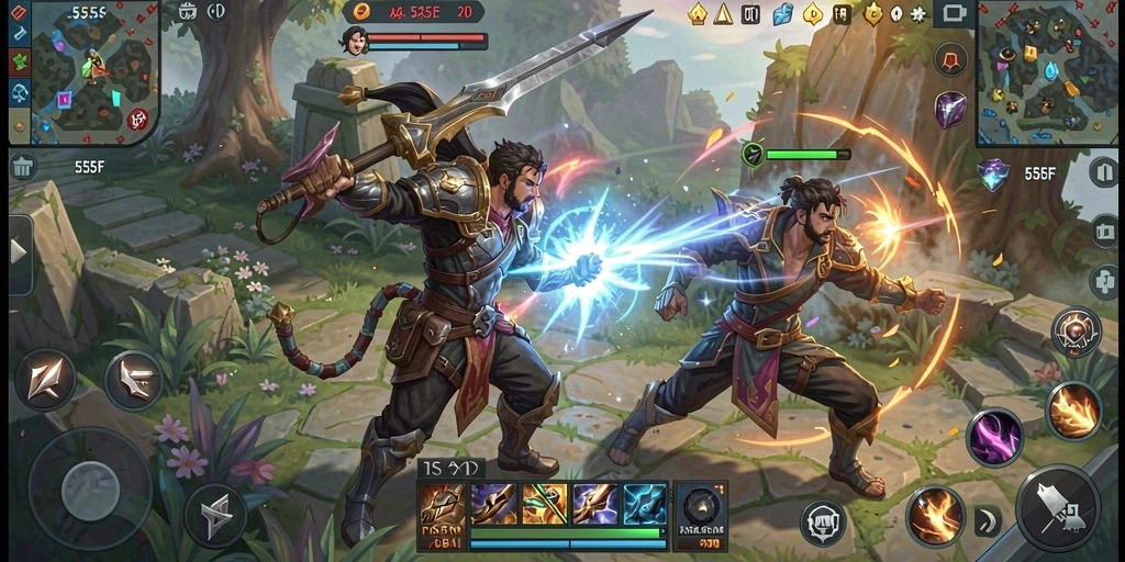 Screenshot gameplay <strong>555F</strong> menampilkan pertarungan seru antar karakter MOBA.