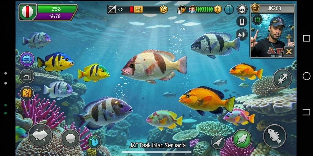 Gameplay seru JKT303 saat menangkap ikan dalam dunia bawah laut.