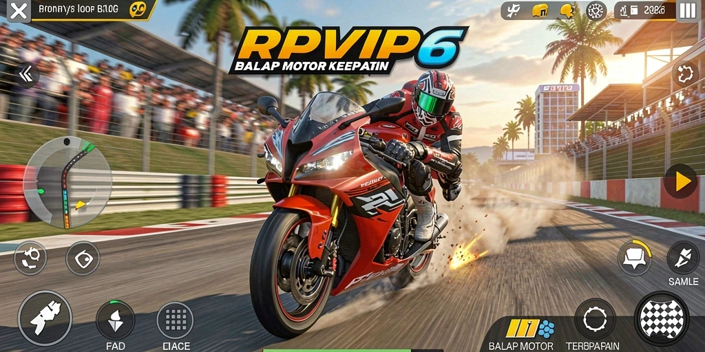 Screenshot dari gameplay RPVIP6 yang menampilkan balapan motor yang mendebarkan.