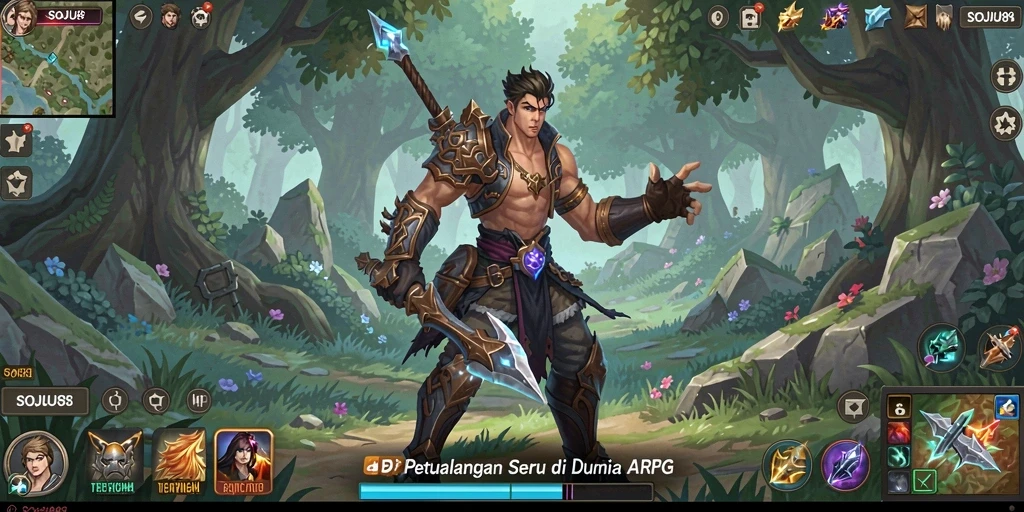 Screenshot gameplay menampilkan pertarungan epik di dunia ARPG.
